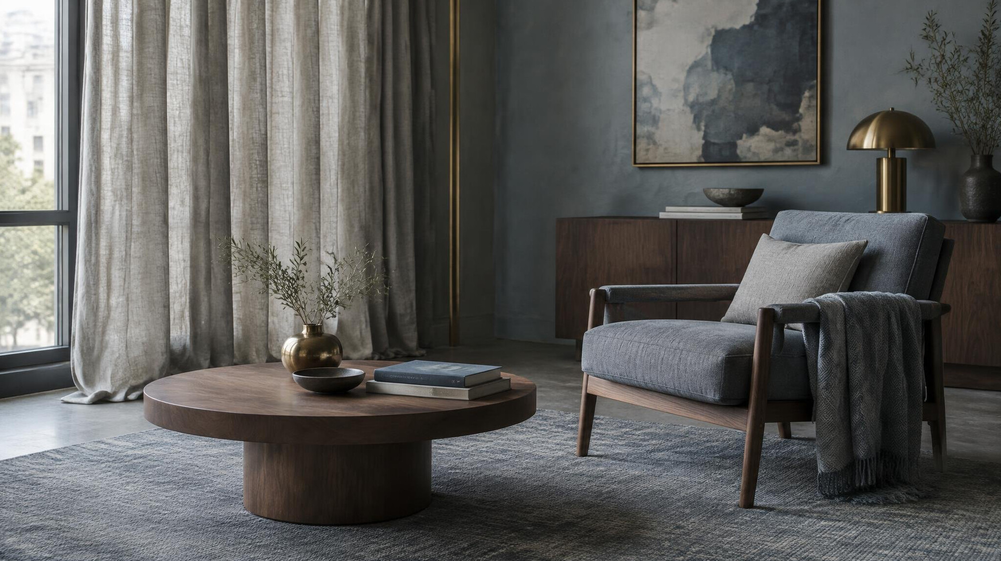 Quiet studio lounge with a soft curtain and a low wooden table
