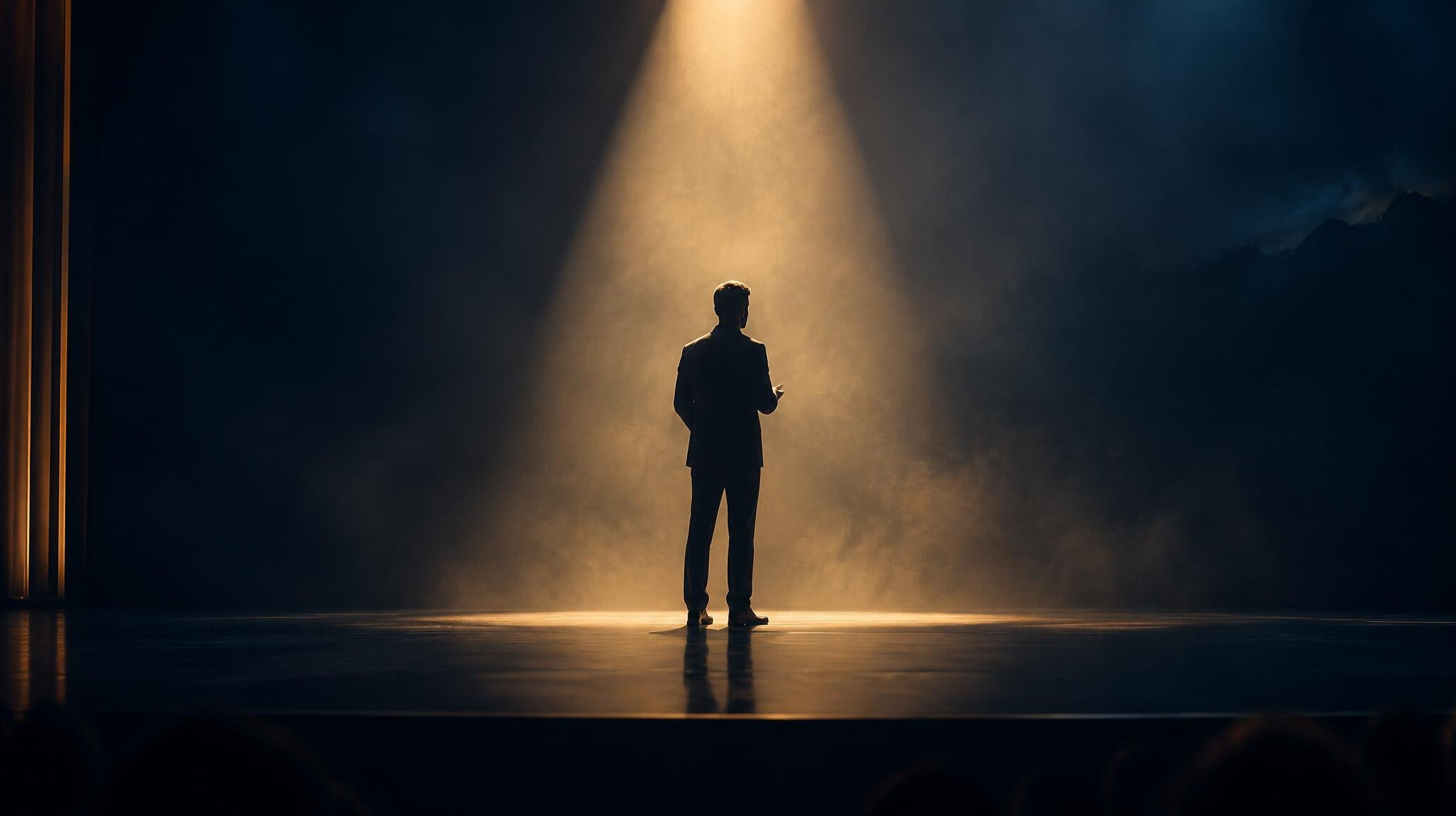 Silhouette of a speaker on a dark stage under a single sculptural spotlight